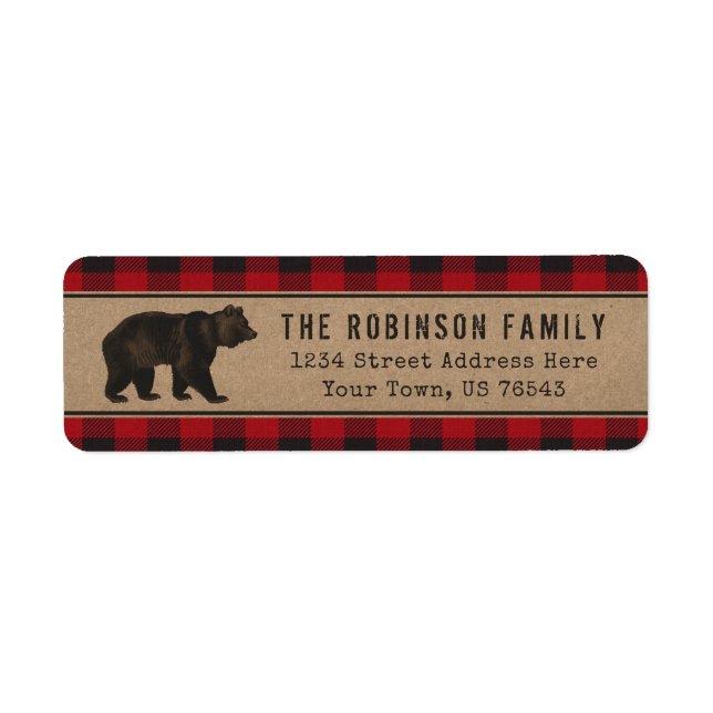 Étiquette Russe Ours Kraft Red Plaid Adresse de vacances (Devant)