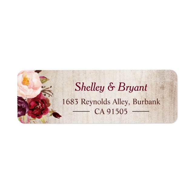 Étiquette Russe Woodgrain Look Burgundy Blush Floral (Devant)
