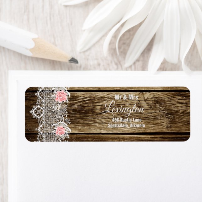 Étiquette Rustic Barn Wood & Lace Mariage Adresse de retour (En situation)