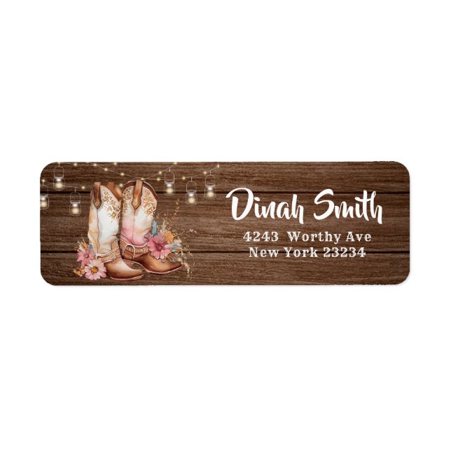 Étiquette Rustic Country Boots Cowgirl Anniversaire Adresse (Devant)