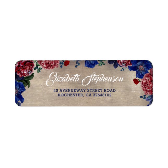 Étiquette Rustic Country Navy et Bourgogne Floral (Devant)