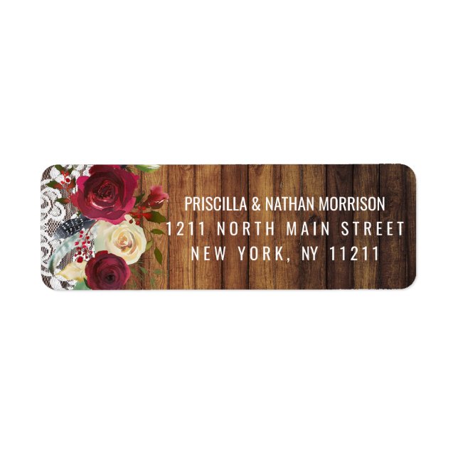 Étiquette Rustic Country Red Ivory Floral Lace Wood Adresse (Devant)
