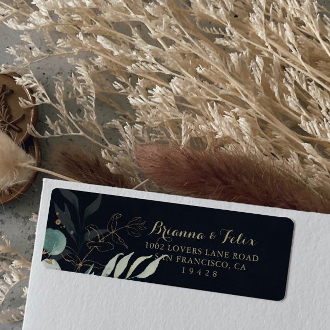 Étiquette Rustic Eucalyptus Gold Floral Blue Adresse de reto (Créateur téléchargé)