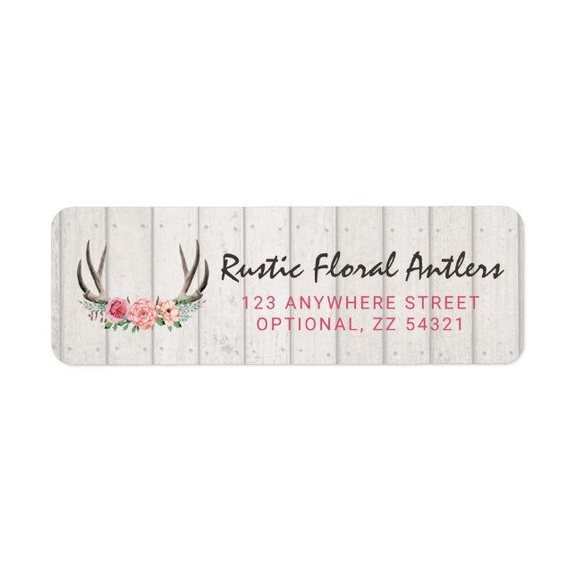 Étiquette Rustic Floral Antlers Roses & Wood Adresse de reto (Devant)
