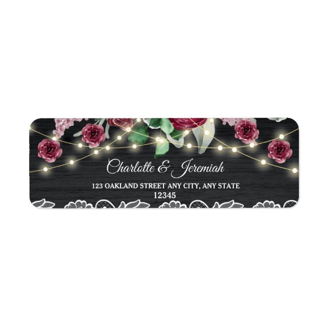Étiquette Rustic Lace String Lights Mariage Adresse de retou (Devant)