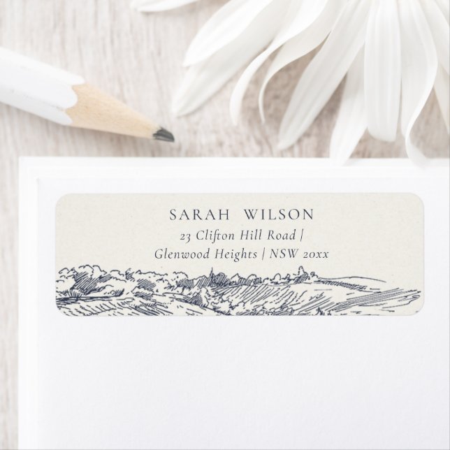 Étiquette Rustic Navy Blue Winery Mountain Adresse de croqui (En situation)