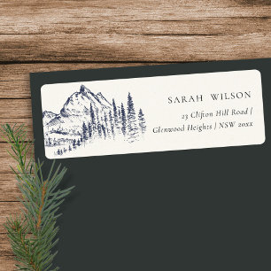 Étiquette Rustic Navy Pine Woods Mountain Sketch Address