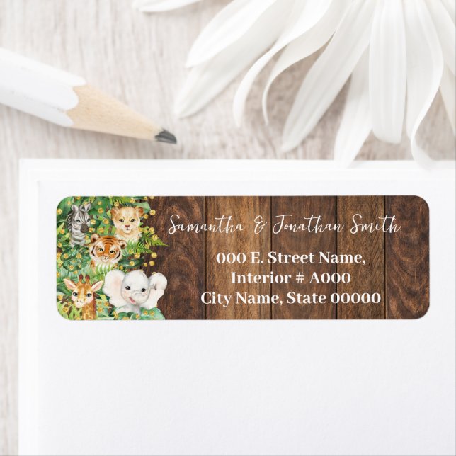 Étiquette Rustic Safari Animaux Baby shower Adresse de retou (En situation)