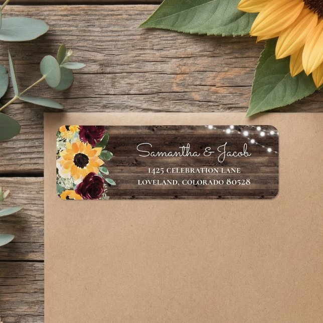Étiquette Rustic Sunflower Wood Wedding Return Address (Créateur téléchargé)