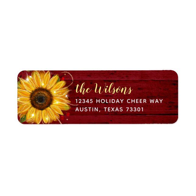 Étiquette Rustic Wood Bourgogne Gold Sunflower Adresse de re (Devant)