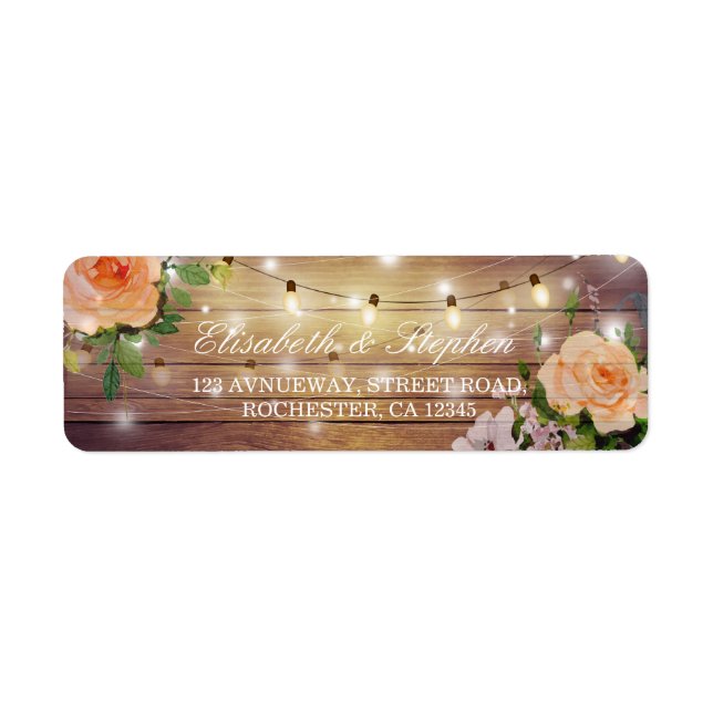 Étiquette Rustic Wood Floral String Lights Mariage Adresse (Devant)