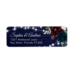 Étiquette Rustic Wood Marsala & Navy Blue Flowers Adresse