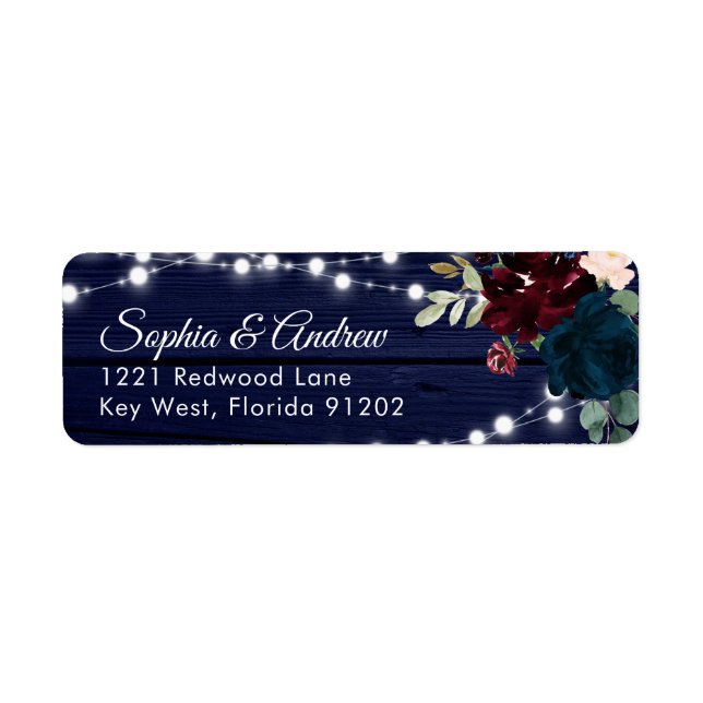 Étiquette Rustic Wood Marsala & Navy Blue Flowers Adresse (Devant)