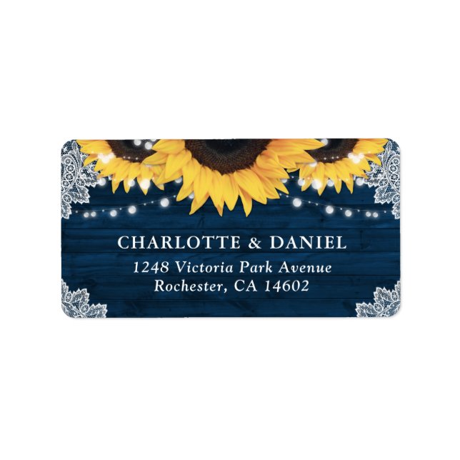 Étiquette Rustic Wood Navy Blue Sunflower Wedding Address (Devant)