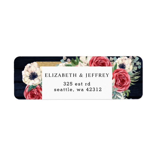 Étiquette Rustic Wood Navy Burgundy Gold Floral Mariage (Devant)