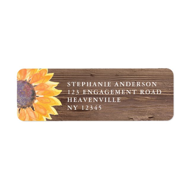 Étiquette Rustic Wood Sunflower Mariage Adresse de retour (Devant)