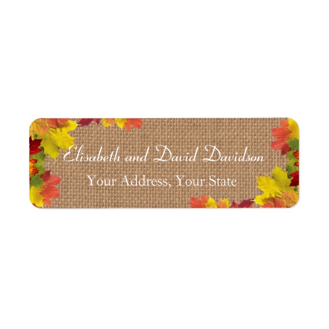 Étiquette Rustique Automne laisse Burlap Mariage personnalis (Devant)