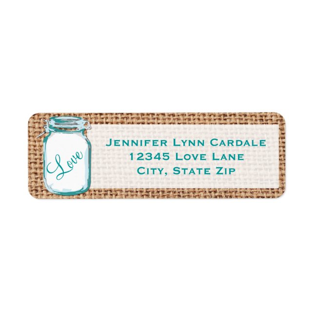 Étiquette Rustique Mason Jar Turquoise Burlap Mariage Étique (Devant)