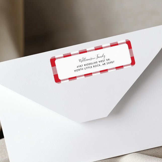 Étiquette Rustique Plaid Red White Check Adresse de retour (Rustic Red and White Gingham Return Address Label)