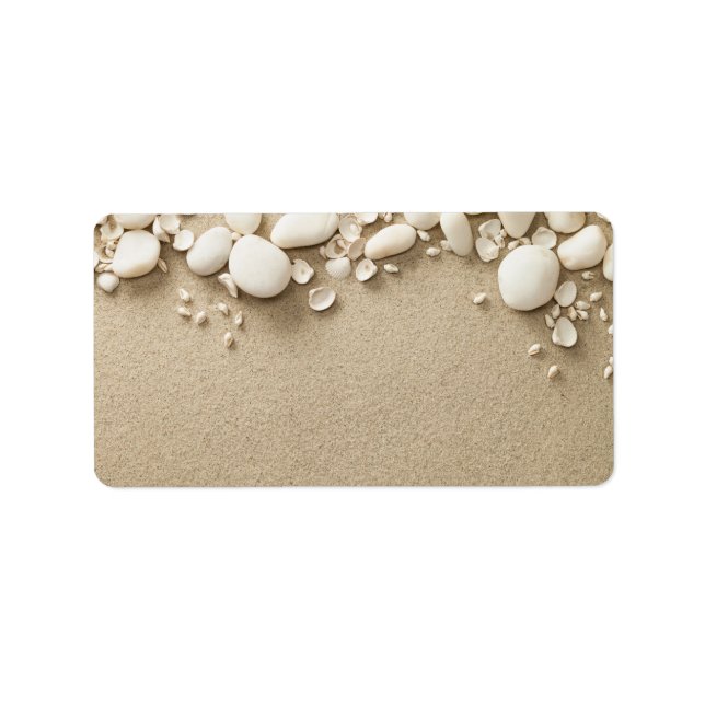Étiquette Sable, Arrière - plan de plage avec coquillages et (Devant)