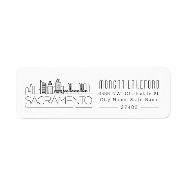Étiquette Sacramento, Californie Stylisé Skyline | (Devant)
