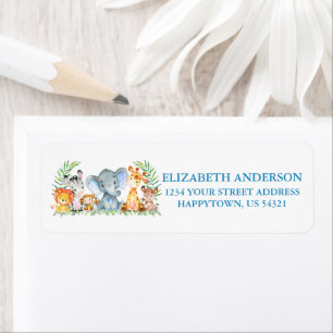 Étiquette Safari Animaux Baby shower bleu Adresse de retour