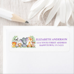 Étiquette Safari Animaux Baby shower violet Adresse de retou