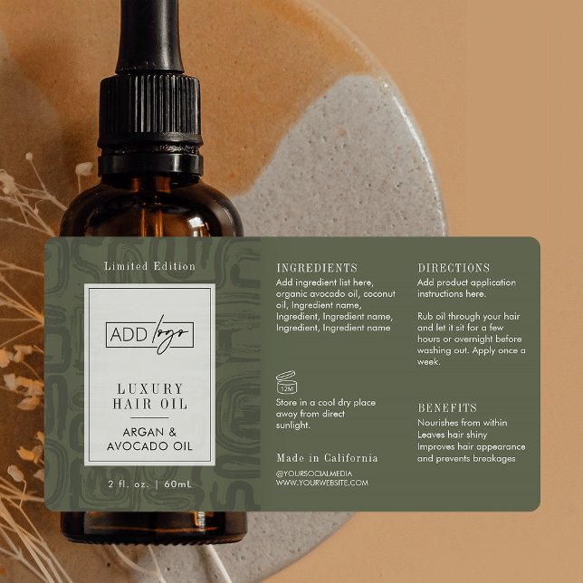 Étiquette Sage Green Boho Pattern Logo 2OZ Dropper Bottle (Elegant earthy sage green tones custom logo cosmetic bottle wrap around label design )