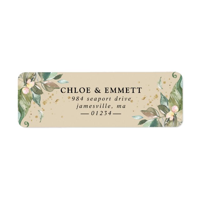 Étiquette Sage Green Gold Botanical Floral Adresse de Retour (Devant)
