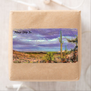 Étiquette Saguaro Cactus Purple Sky Arizona Vue sur le déser
