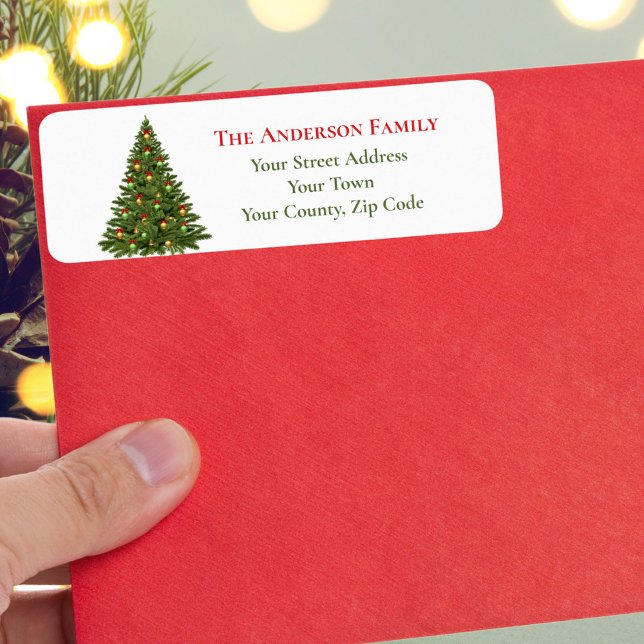 Étiquette Sapin de Noël traditionnel vert rubans rouges Nom (Créateur téléchargé)