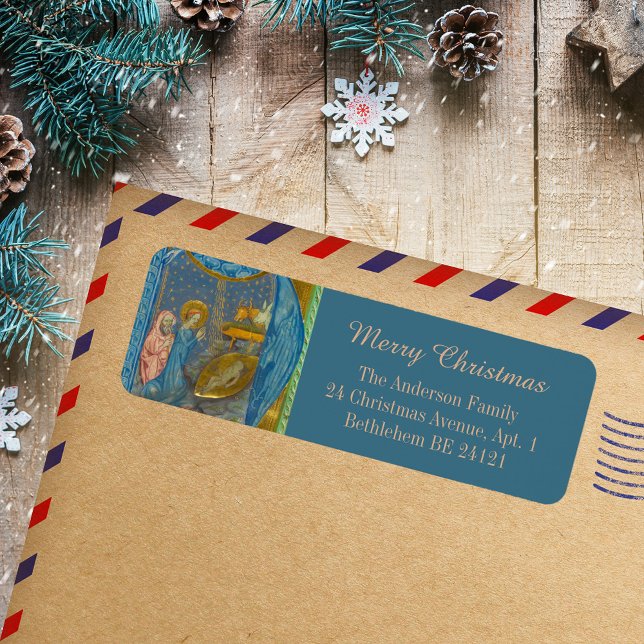 Étiquette Scène médiévale chrétienne de la Nativité Joyeux N (Medieval Manuscript Religious Christian Catholic Nativity Scene Merry Christmas Return Address Label)