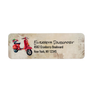 Étiquette Scooter Aquarelle Rouge Avec Jolies Fleurs