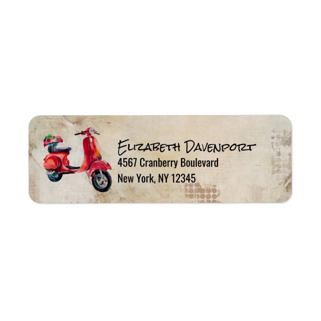 Étiquette Scooter Aquarelle Rouge Avec Jolies Fleurs (Devant)
