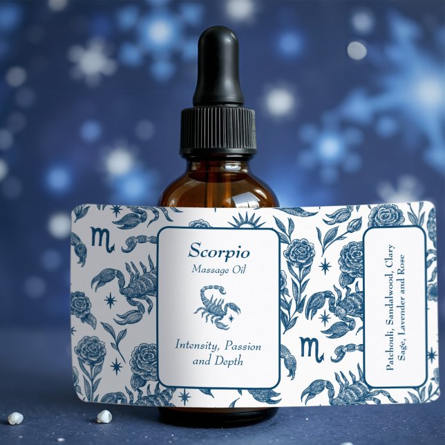 Étiquette Scorpio Essential Oil Botté Féminine Bleu Floral (Gorgeous Scorpio essential oil bottle label with detailed scorpions and feminine blue floral pattern)