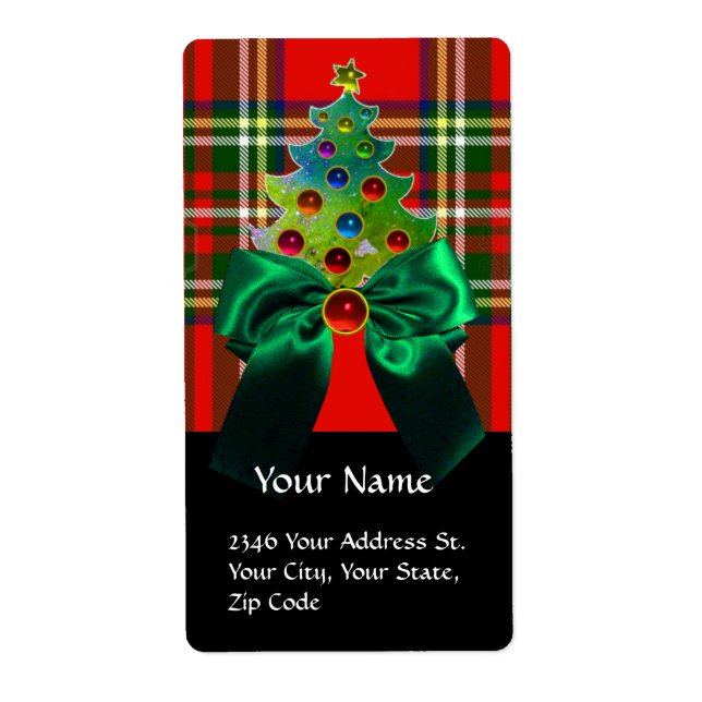 ÉTIQUETTE SCOTTISH TARTAN , GREEN BOW AND CHRISTMAS TREE (Devant)