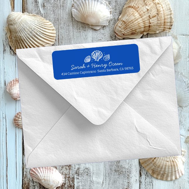 Étiquette Seashells Beach Wedding Blue White CUSTOM Address (Seashells Beach Wedding Blue White CUSTOM Return Address Label
)