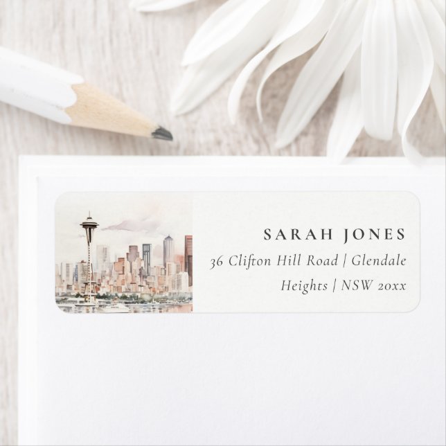 Étiquette Seattle, Washington Watercolor Landscape Address (En situation)