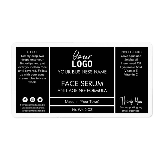 Étiquette Sérum professionnel noir blanc à tête noire (Devant)