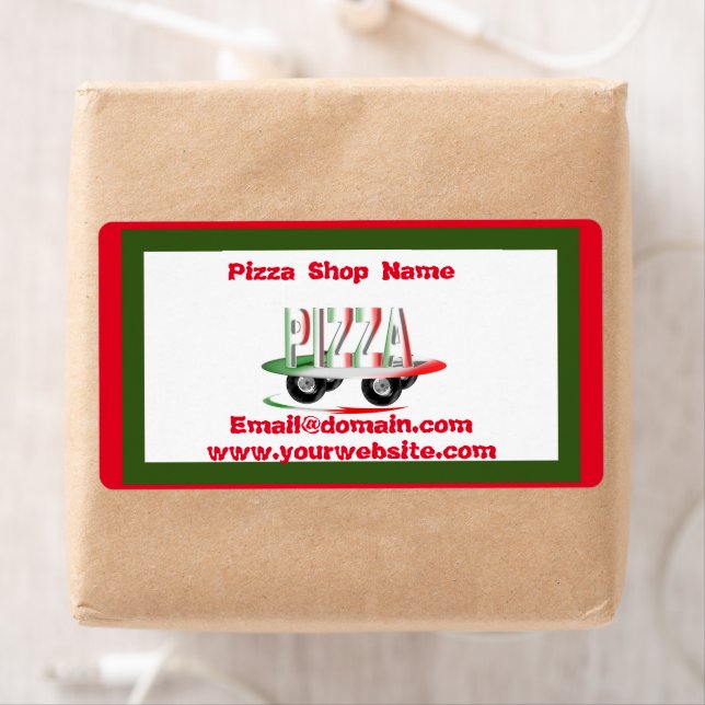 Étiquette Service de pizza, vert rouge, personnalisé (En situation)
