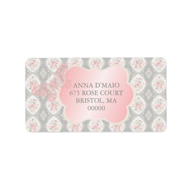 Étiquette Shabby Antique rose Roses Damask Papillon (Devant)