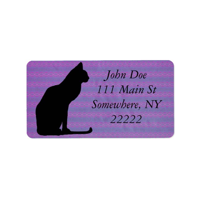Étiquette Silhouette de chat noir sur bandes violettes (Devant)