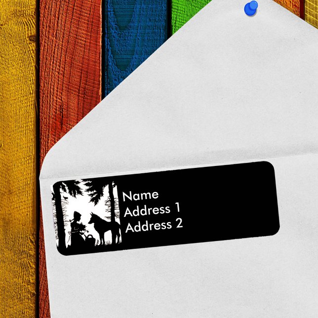 Étiquette Silhouette Noire Rouge Hood Wolf Woods (Little Red Riding Hood under trees woods black and white return address labels.)