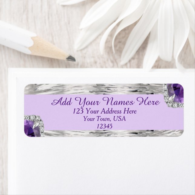 Étiquette Silver Foil Purple Amethyst Gem Adresse de retour (En situation)