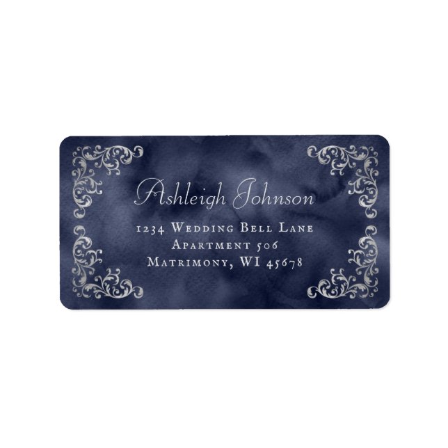 Étiquette Silver Navy Blue Wedding RSVP Adresse de retour (Devant)