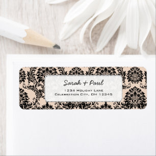 Étiquette Silver Peony Vintage Black Damask Adresse de retou
