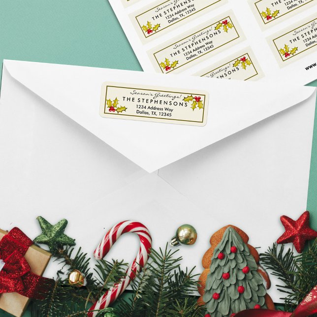 Étiquette Simple Elegant Holly et Berries Noël moderne (hand painted holly and berries family return address sticker)