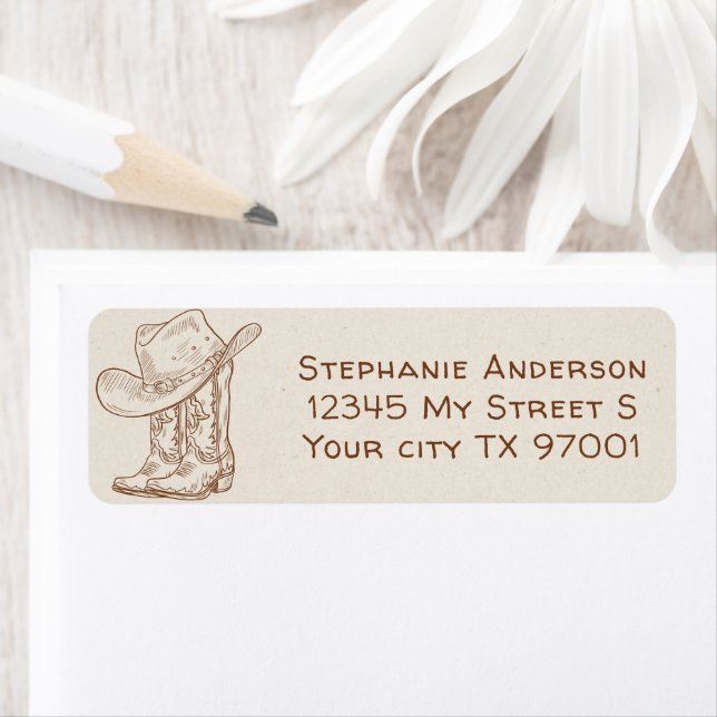 Étiquette Simple Hand Drawn Western Cowboy Boots Hat Country (En situation)