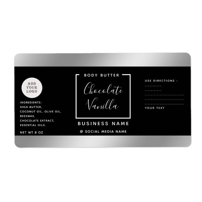 Étiquette Simple lux typographie noir argent logo cosmétique (Devant)