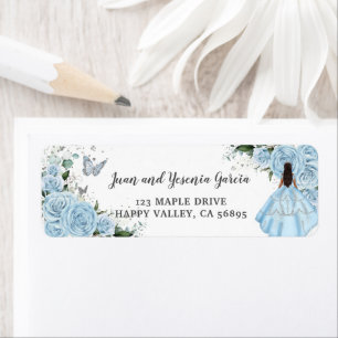 Étiquette Sky Blue Roses Floral Quinceañera Adresse de retou